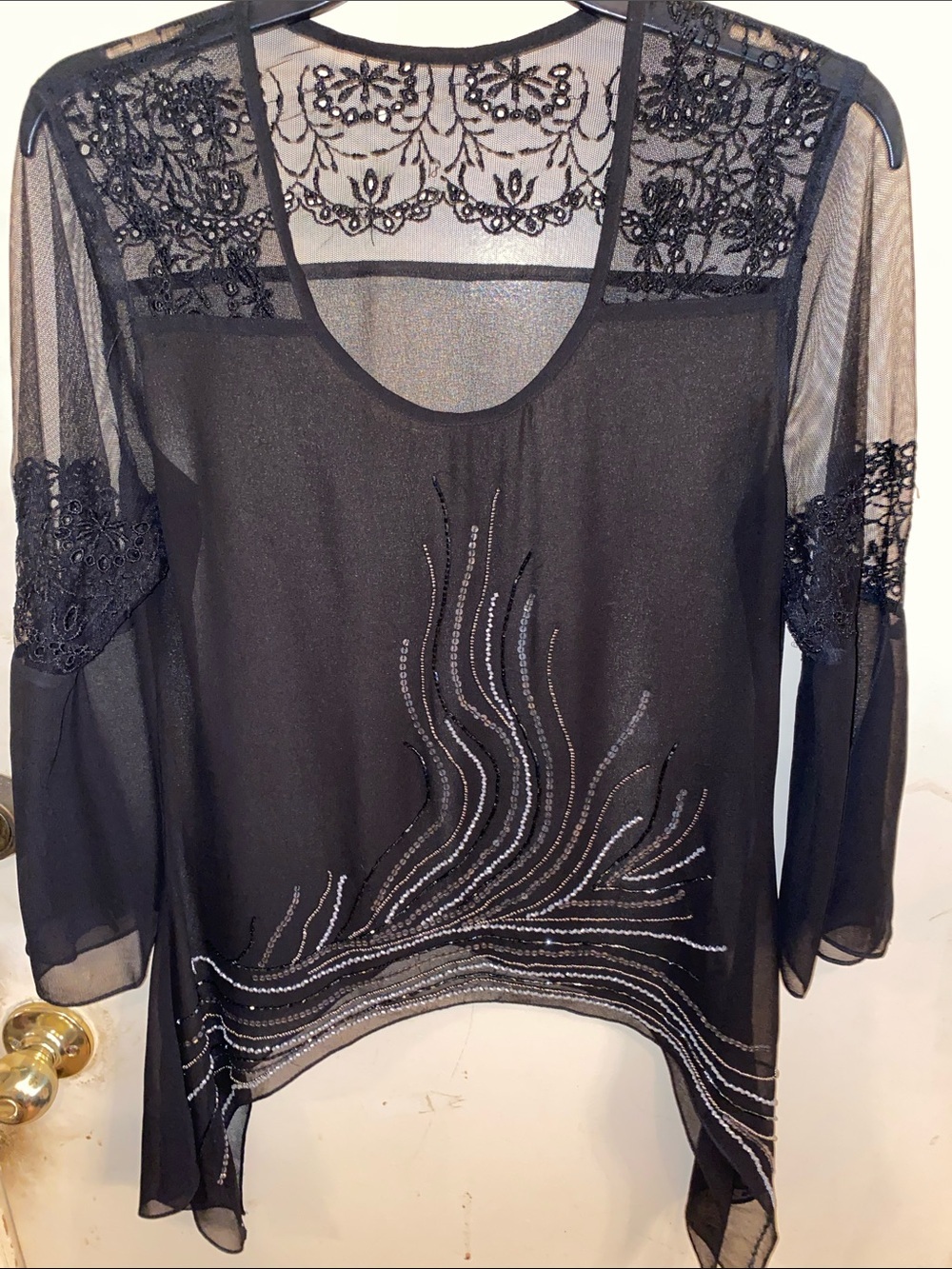 Elegant Black Sheer Mesh Evening Blouse with silver and Gold Sequin Embroidery